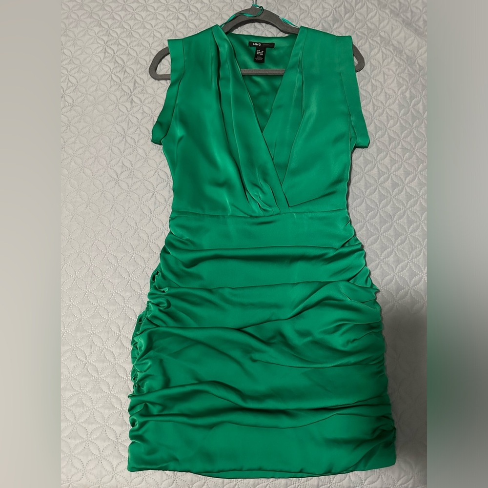 NWOT MNG Emerald Green Satin Ruched Dress